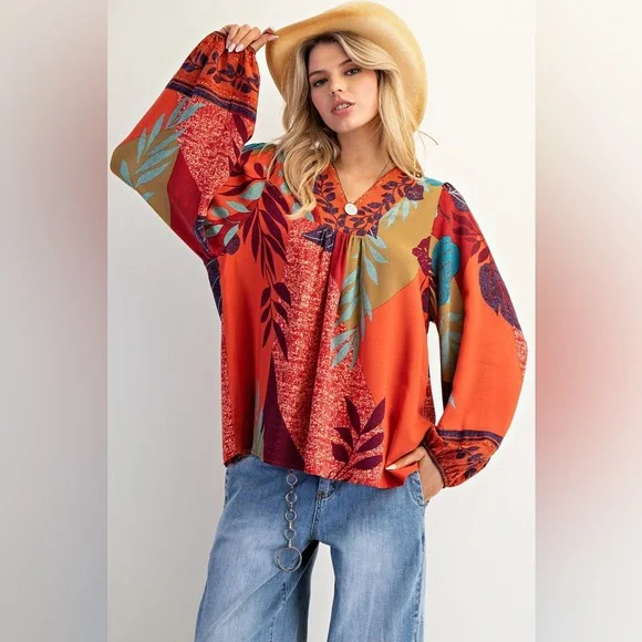 Easel rust olive floral patchwork bubble sleeve western boho tunic top blouse - Picture 1 of 4